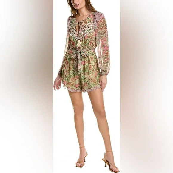 HEMANT & NANDITA Nora Romper in Viscose Paisley Print Long Sleeve Lace Detail - Picture 1 of 16